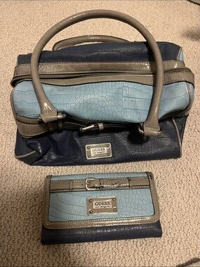GUESS Blue and Light Blue Croc-Embossed Satchel and Wallet Set